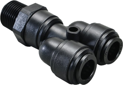 Racord tip Y cu filet conic R 1/4, pivotant, pentru furtun Ø 8 mm, plastic POM, negru