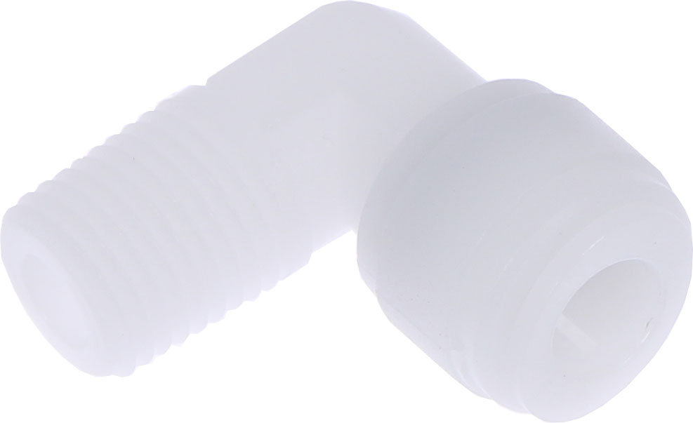 Racord cot filetat conic, filet R 1/4, pentru furtun 8 mm, plastic POM, alb
