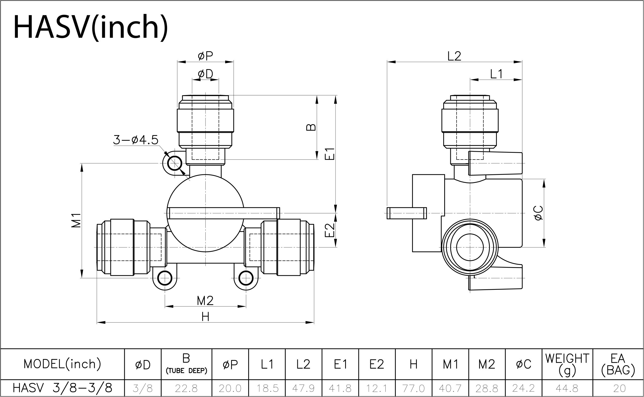 Robinet cu bilă cu conexiune push-in, 3 căi, 3/8 Inch, fluidFIT - imagine 2